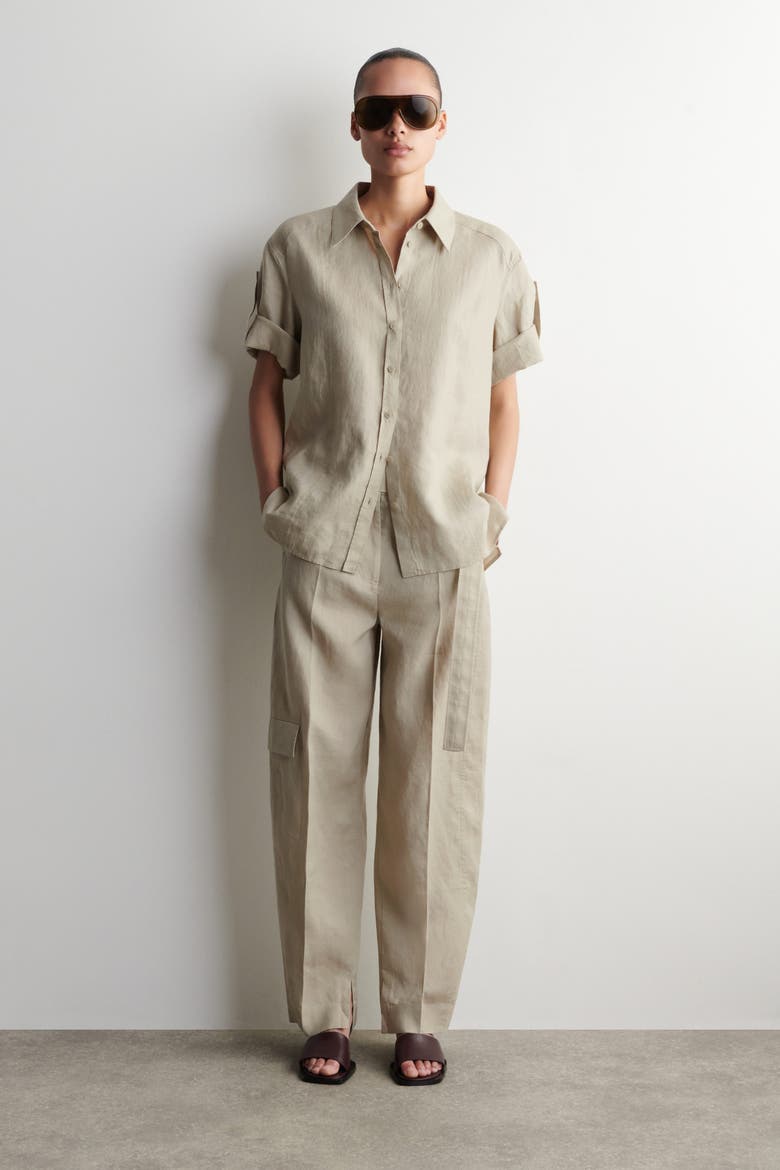 Folded-Sleeve Linen Shirt, Alternate, color, BEIGE