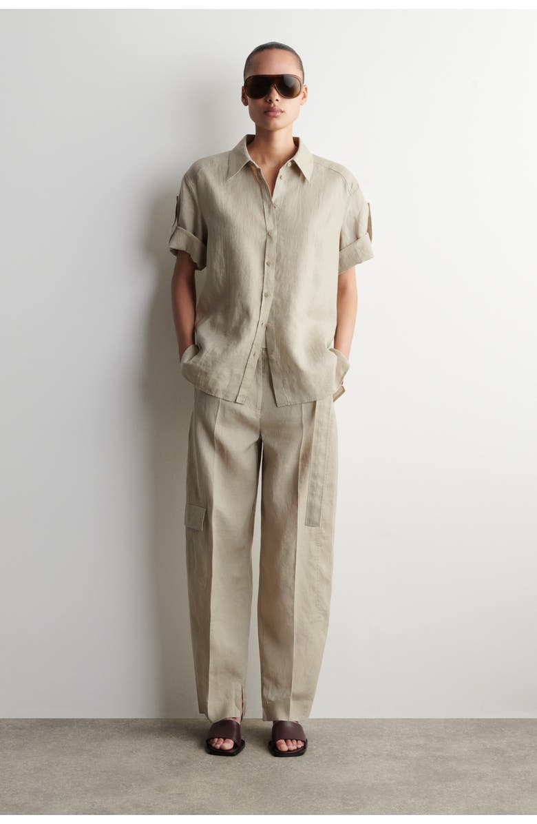 COS Folded-Sleeve Linen Shirt, Alternate, color, Beige