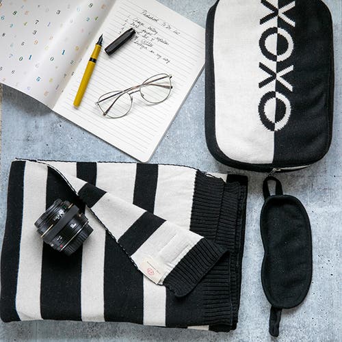 Pink Lemonade Dual Organic Cotton Travel Blanket And Eye Mask Set In Black