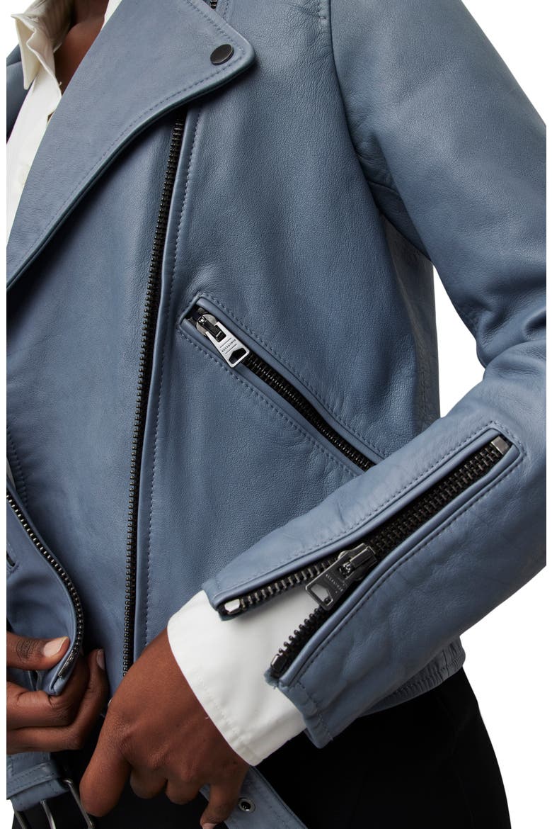 Women's Belted Crop Leather Moto Jacket, Alternate, color, FLINT BLUE