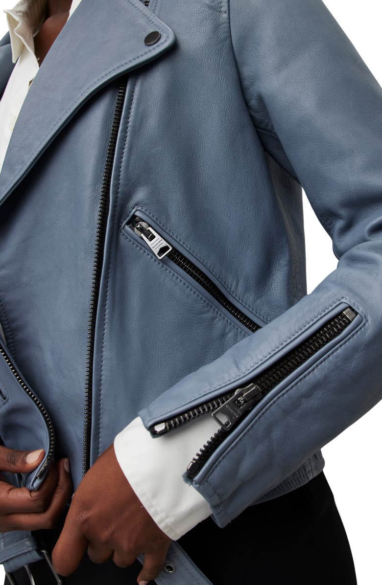 AllSaints Women's Belted Crop Leather Moto Jacket, Alternate, color, Flint Blue