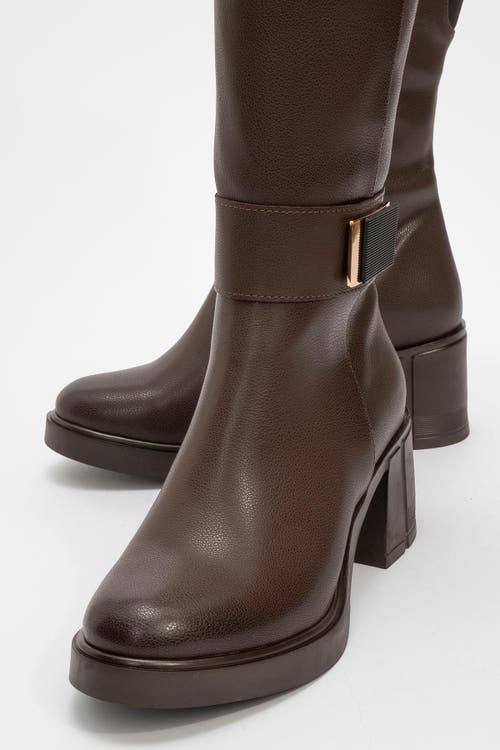 Prologue Shoes Moreni Stretch Buckle Block Heel Knee High Boot In Brown