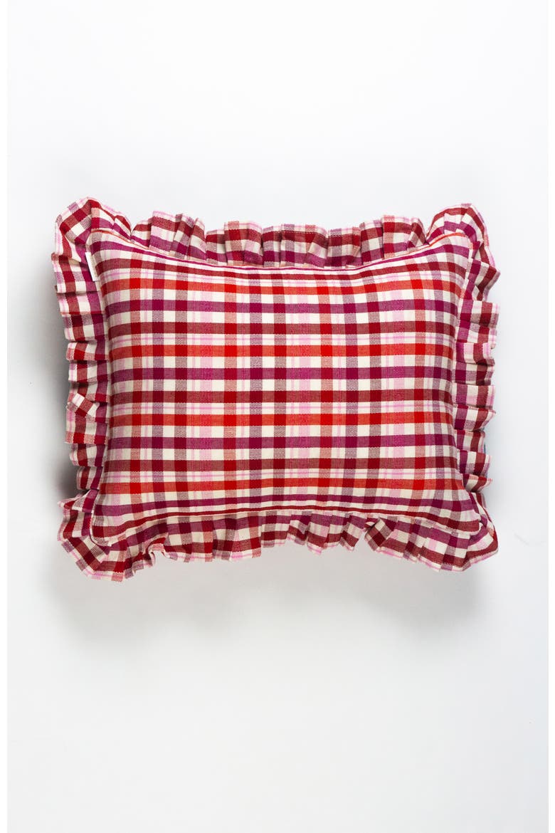 Noel Red Plaid Handwoven Cotton Ruffle Throw Pillow, Main, color, Red Plaid