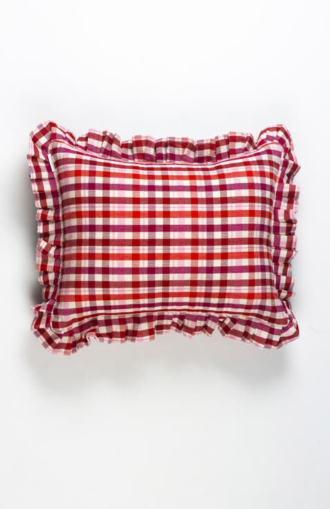 Noel Red Plaid Handwoven Cotton Ruffle Throw Pillow