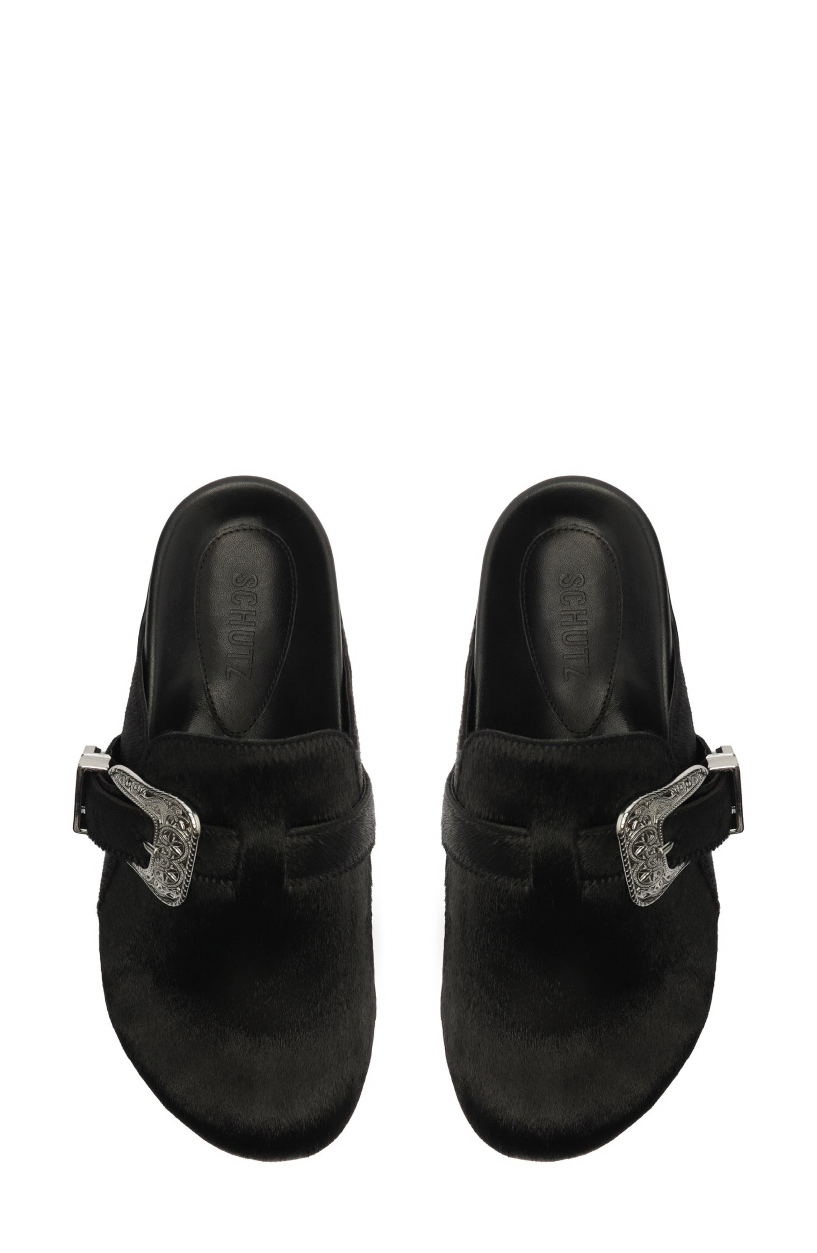 Schutz Grace Buckle Genuine Calf Hair Clog, Alternate, color, Black