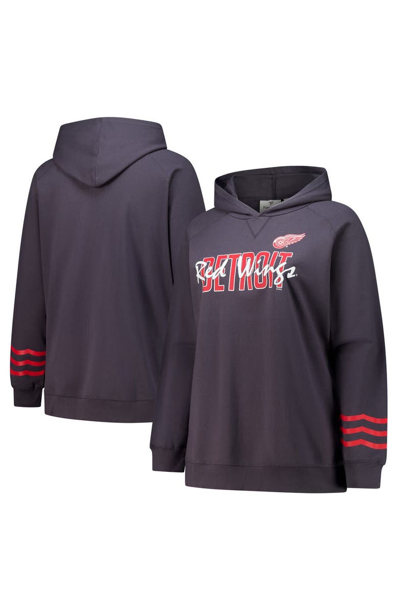 FANATICS Women's Fanatics Charcoal Detroit Red Wings Plus Size Lightweight Fleece Raglan Pullover Hoodie, Main, color, Charcoal