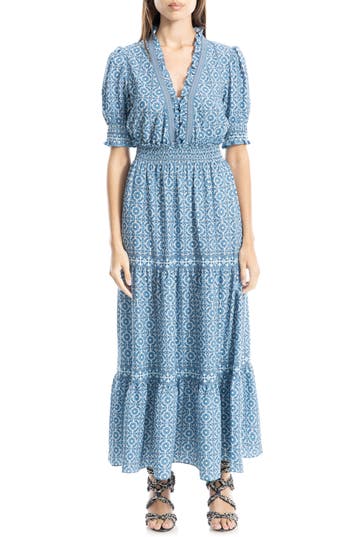 Max Studio Floral Short Sleeve Tiered Maxi Dress In Cream/sky