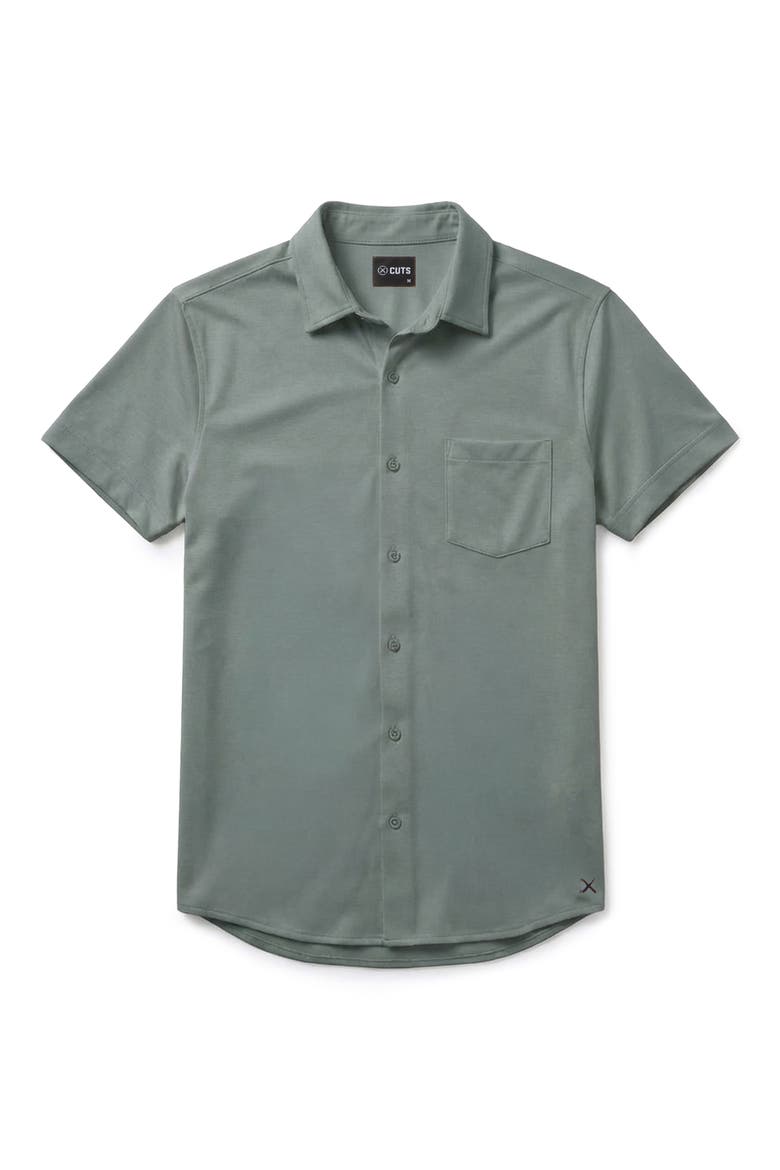 AO Curved Hem Short Sleeve Button-Up Shirt, Alternate, color, SAGE