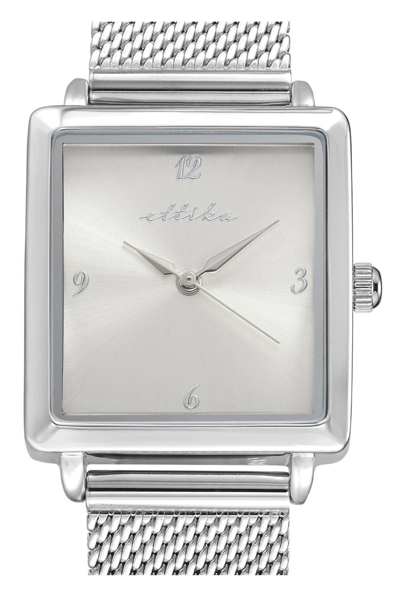 Square Case Mesh Strap Watch, Alternate, color, VANILLA AND SILVER
