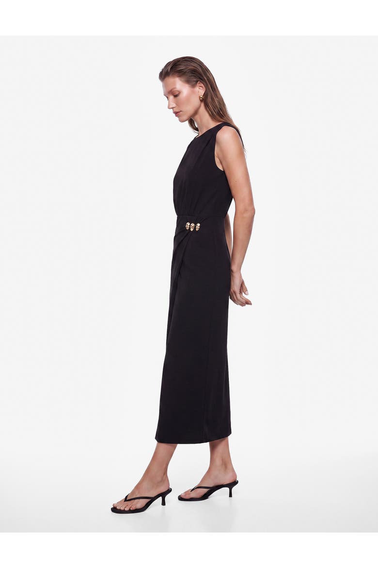 Sleeveless Crew Neck Draped Midi Dress With Accessory Detail, Alternate, color, BLACK