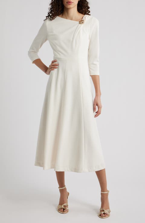 Shoulder Pin Asymmetric Long Sleeve Midi Dress