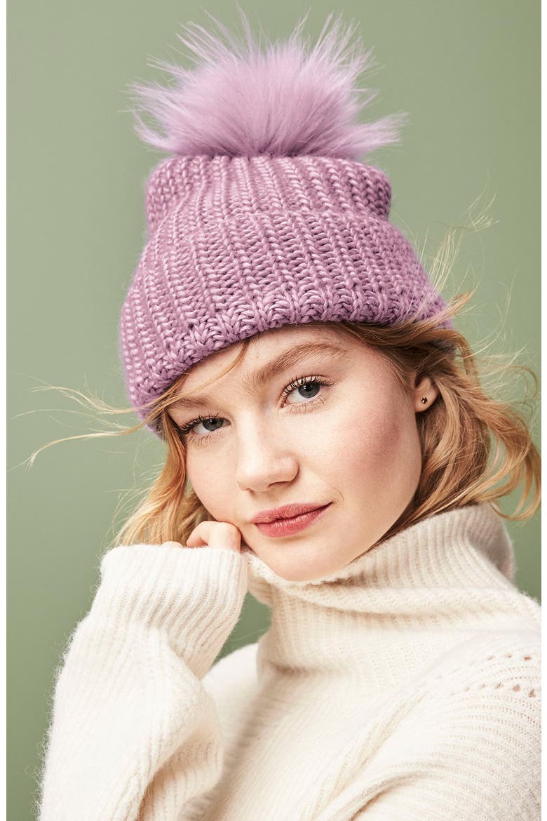 Chunky Stitch Beanie with Faux Fur Pom, Alternate, color, BLACK