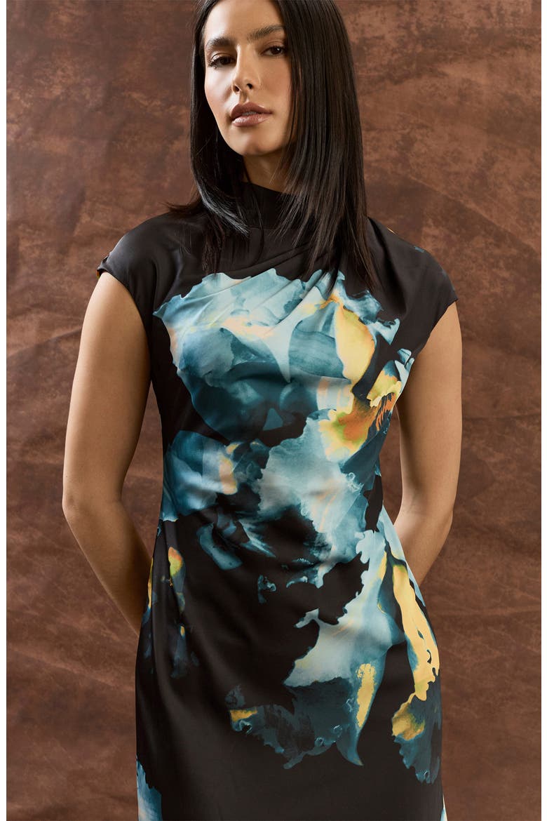 Print Satin Cocktail Dress, Alternate, color, BLACK/ TEAL