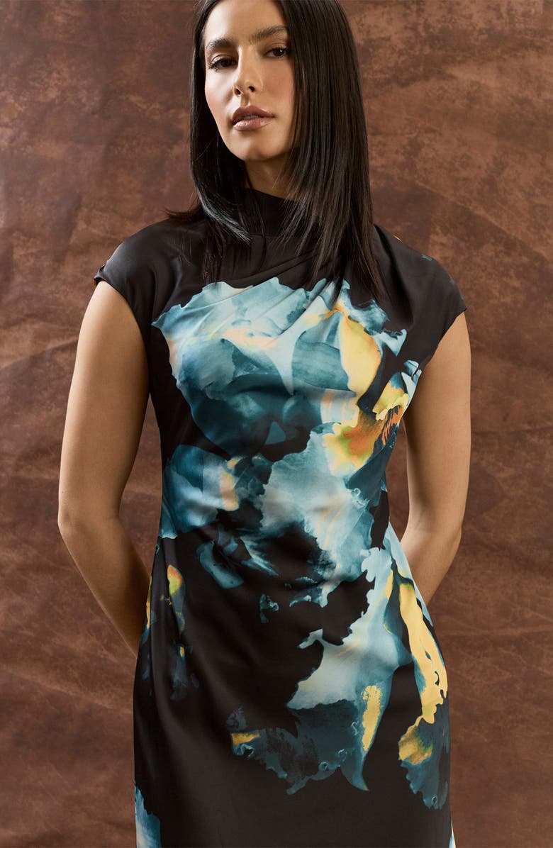 Maggy London Print Satin Cocktail Dress, Alternate, color, Black/ Teal