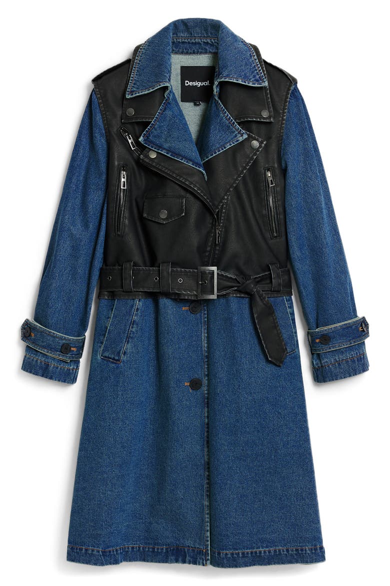 Denim Trench with Removable Faux Leather Moto Vest, Alternate, color, MEDIUM BLUE