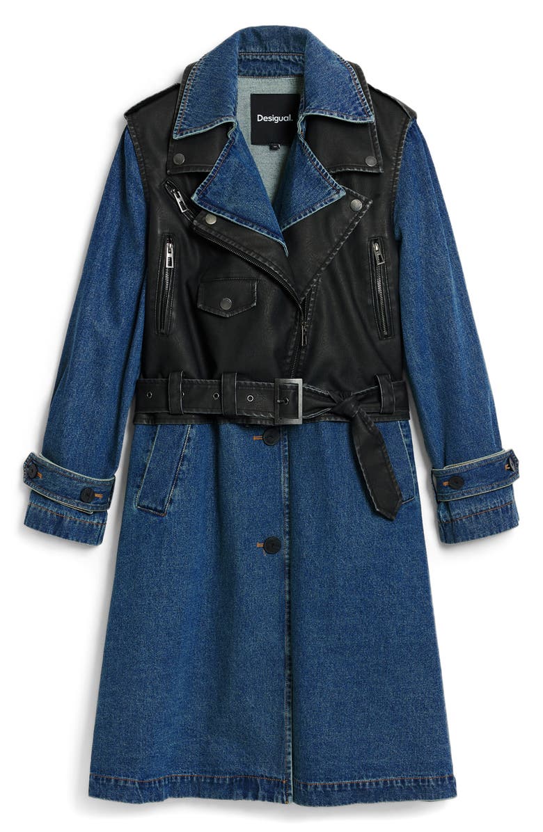 Desigual Denim Trench with Removable Faux Leather Moto Vest, Alternate, color, Medium Blue