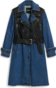 Desigual Denim Trench with Removable Faux Leather Moto Vest