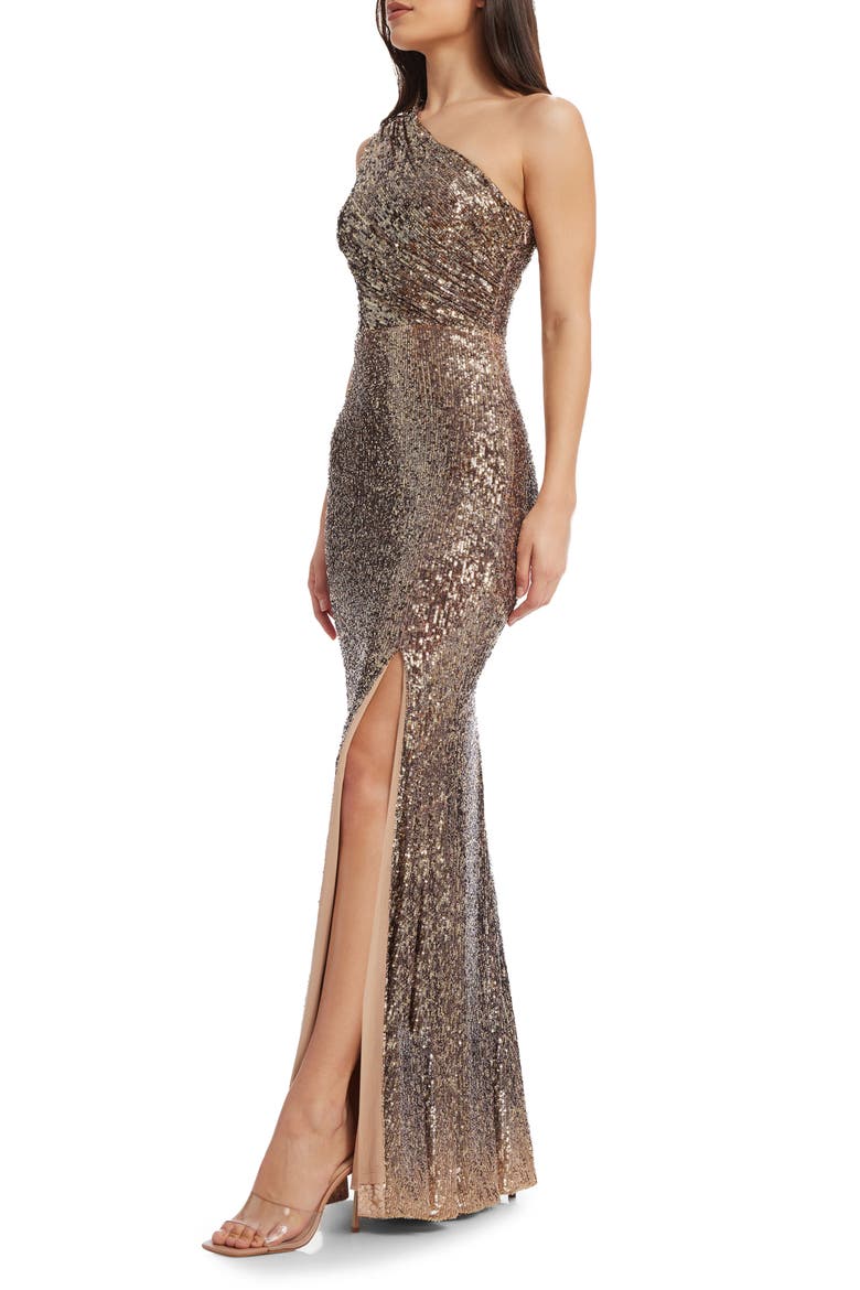 Sariah Sequin One-Shoulder Gown, Alternate, color, BRONZE MULTI