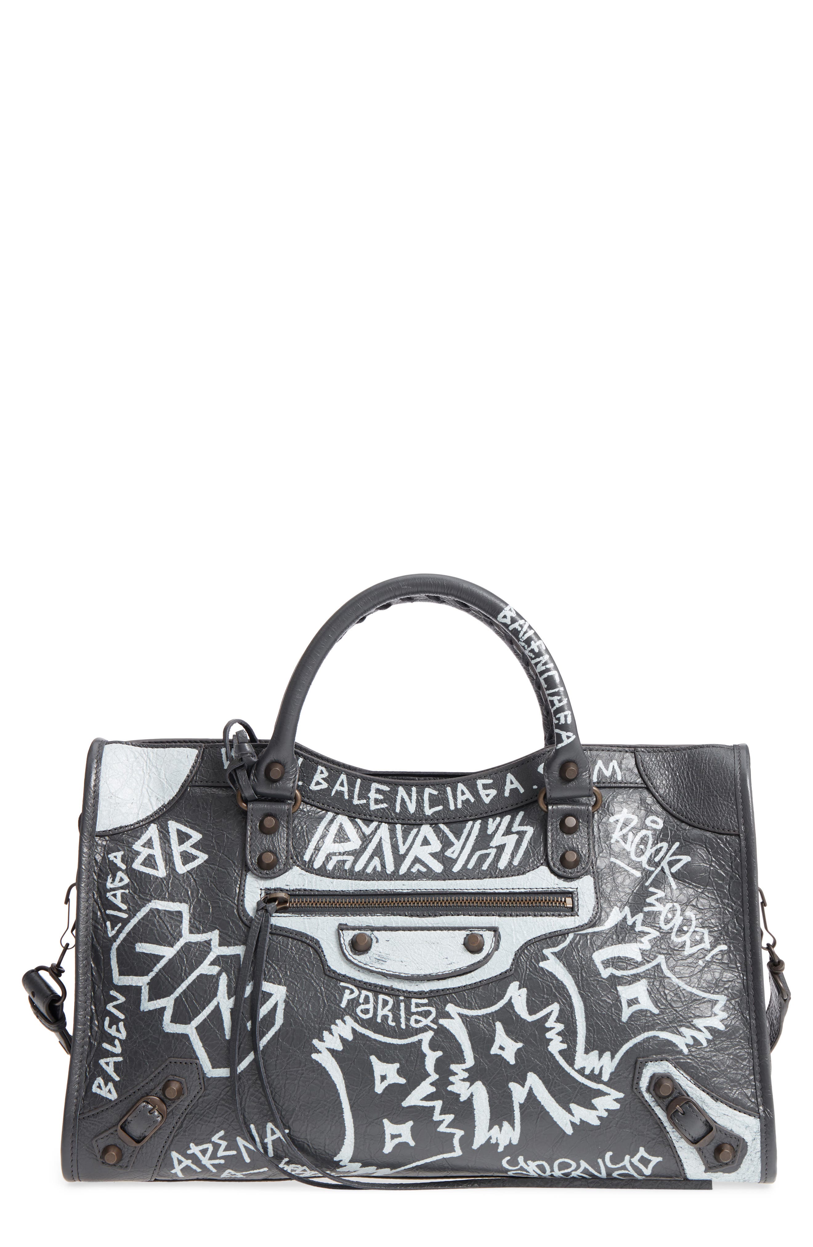City Graffiti Leather Tote, Main, color, GRIS FOSSILE/ BLANC