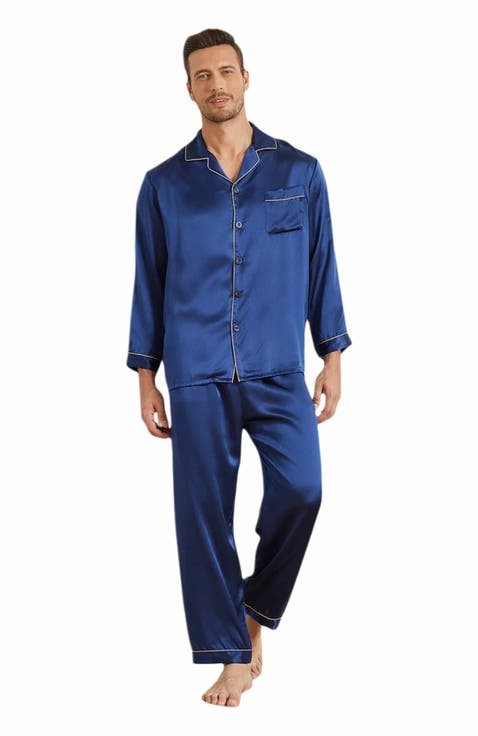 Silk Men's Lapel Long Sleeve Pajamas Set