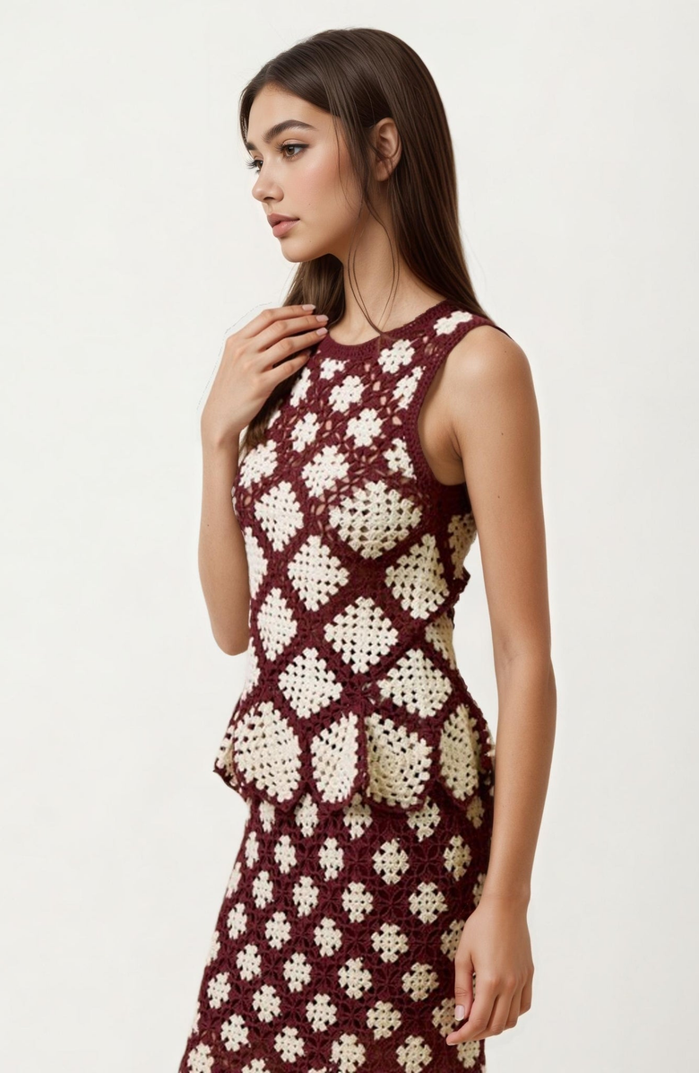 Knit and Lounge Sleeveless Crochet Peplum Top, Main, color, 