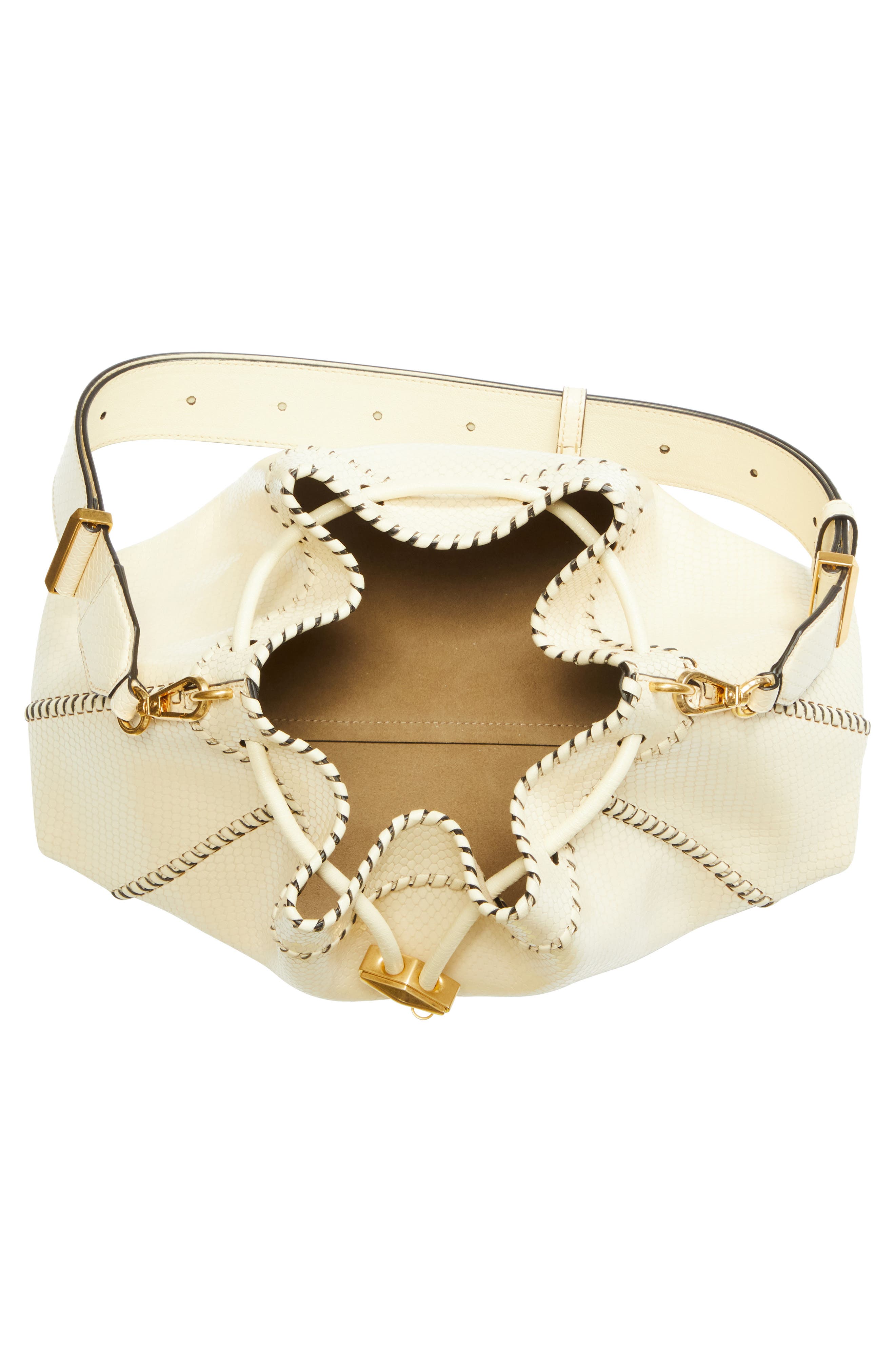 Jimmy Choo Bon Bon Fringe East/West Bucket Bag, Alternate, color, Buttermilk/ Gold