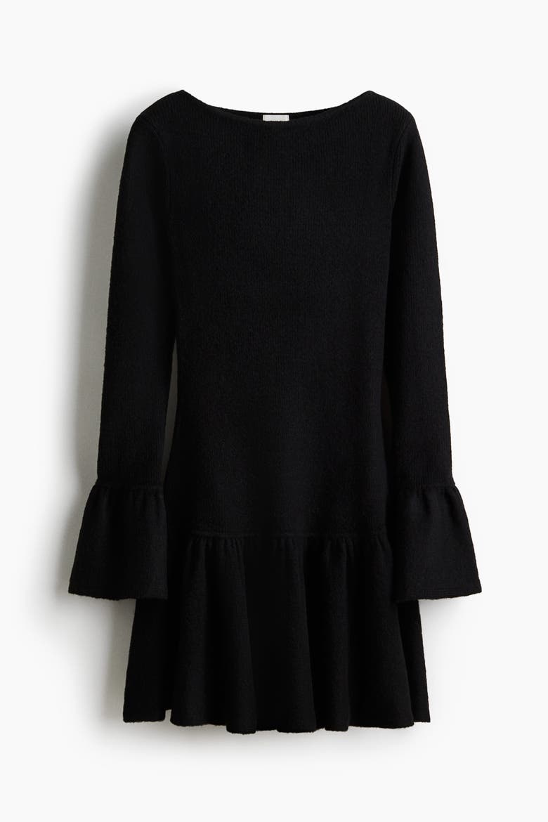 Flounced Rib-knit Dress, Alternate, color, Black