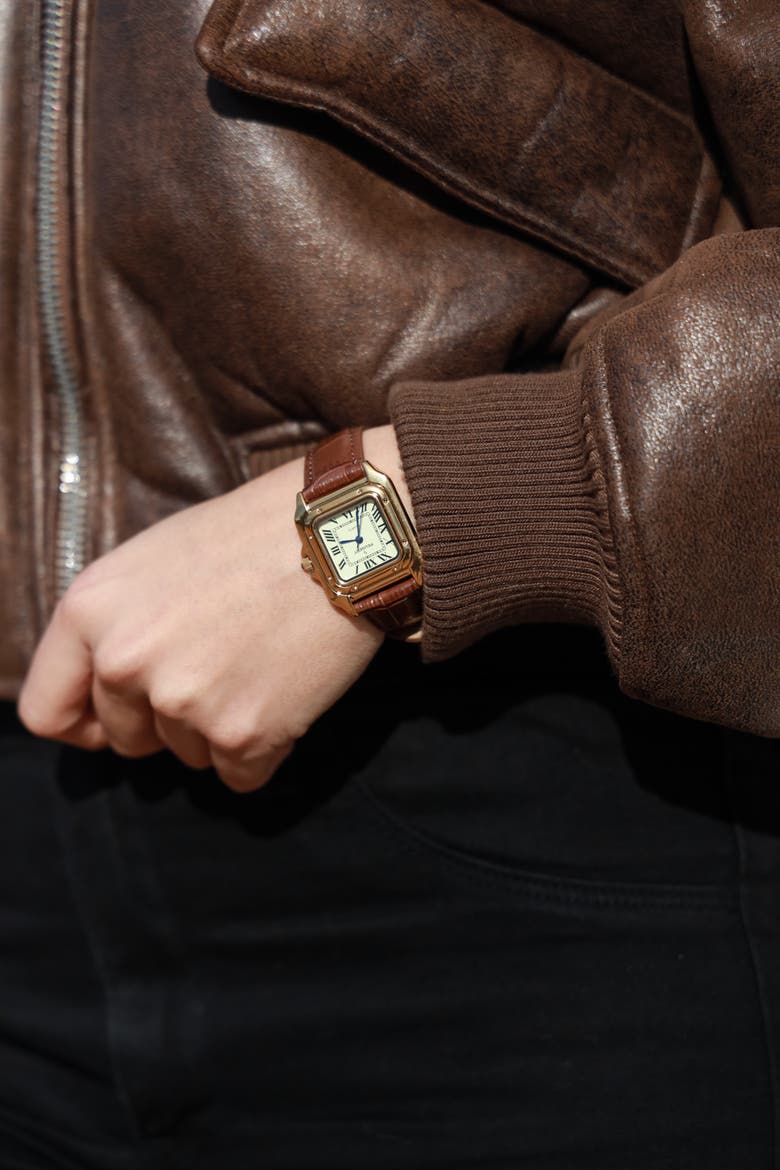 Slim Leather Tank Watch- 36MM, Alternate, color, Gold Brown