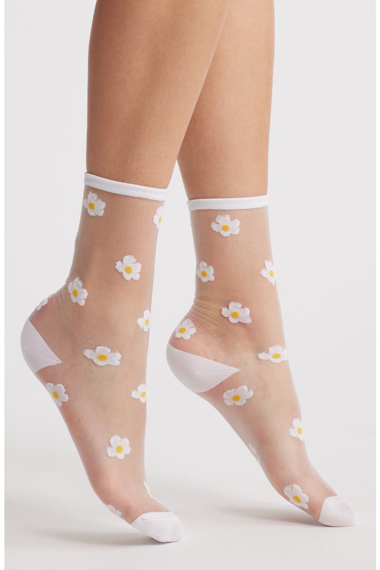 Daisies Sheer Crew Socks, Main, color, WHITE