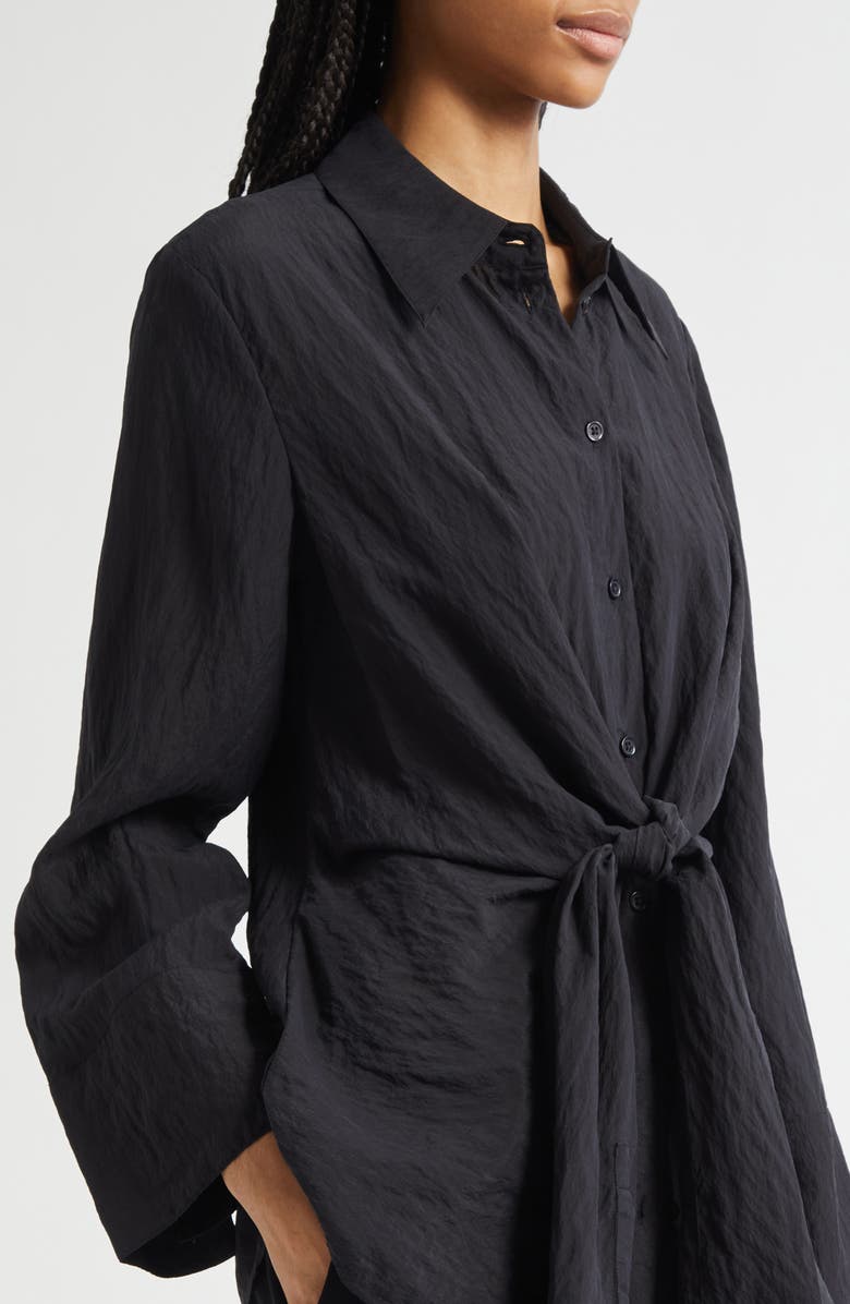 Róhe Hammered Silk Blend Twist Button-Up Shirt, Alternate, color, Black