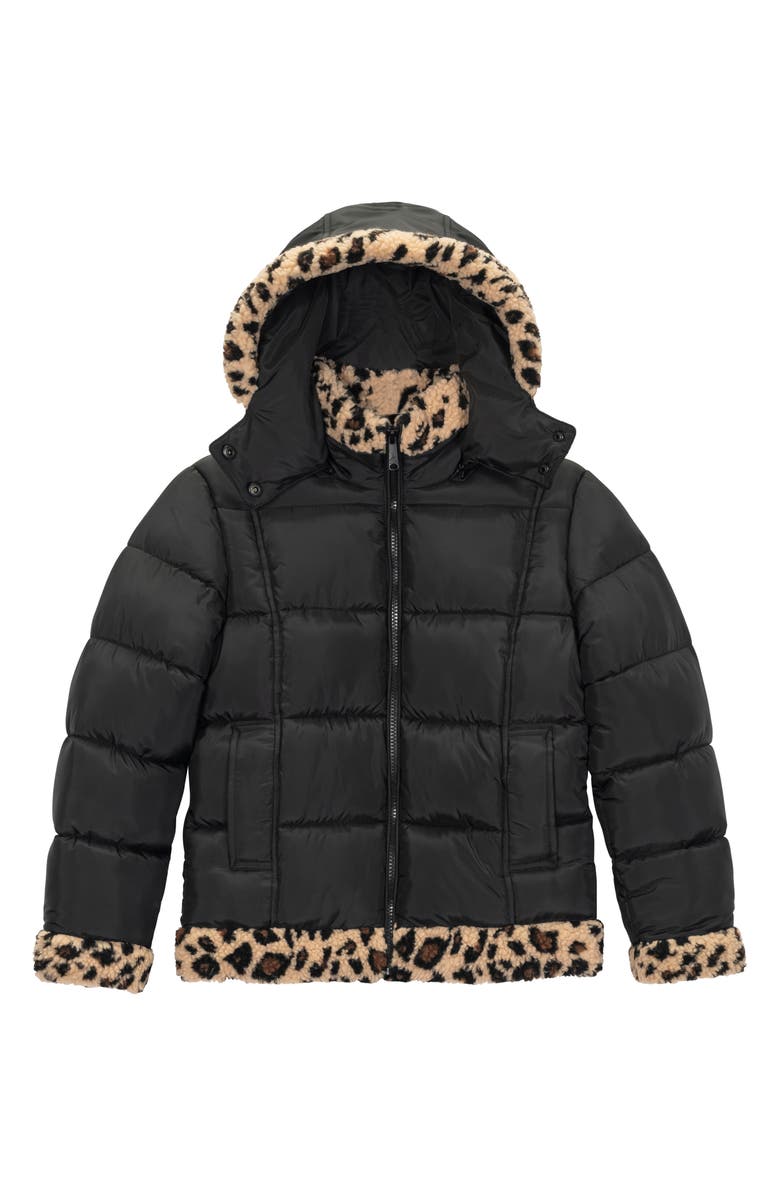 Sam Edelman Kids' Cheetah Fleece Trim Hooded Puffer Jacket, Main, color, Black/ Cheetah