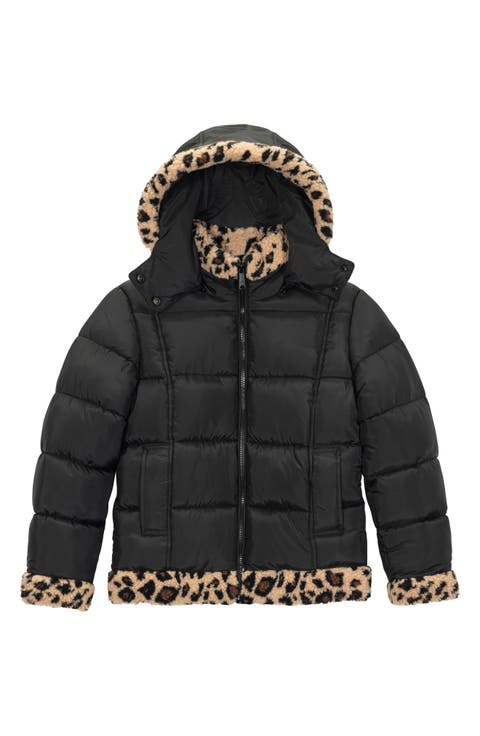 Kids' Cheetah Fleece Trim Hooded Puffer Jacket (Big Kid)