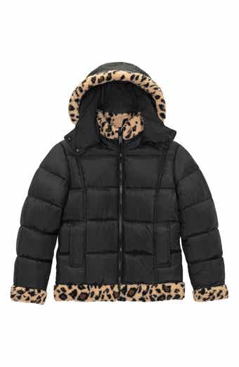 Sam Edelman Kids' Cheetah Fleece Trim Hooded Puffer Jacket