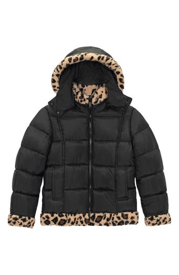 Sam Edelman Kids' Cheetah Fleece Trim Hooded Puffer Jacket In Black