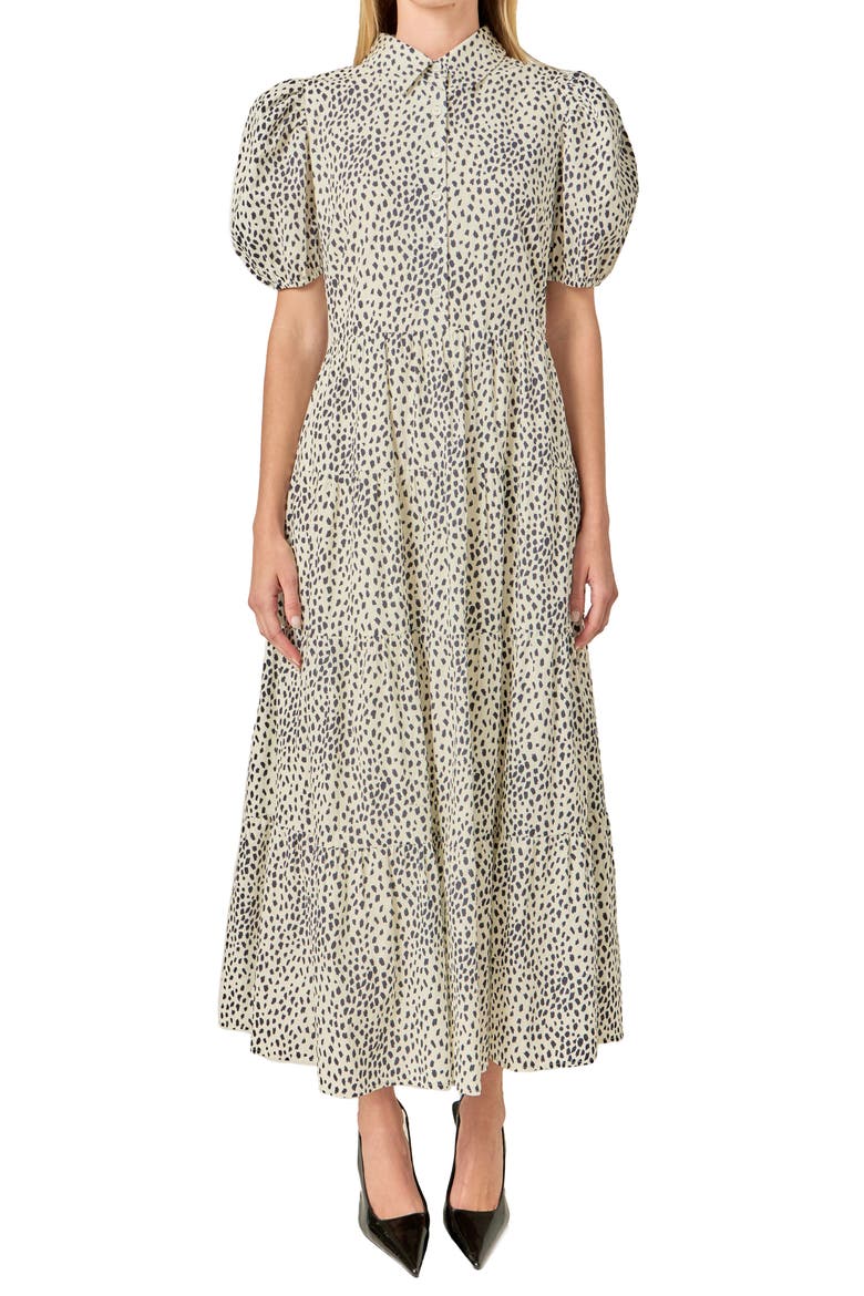 Print Puff Sleeve Maxi Dress, Main, color, BEIGE/ BLACK