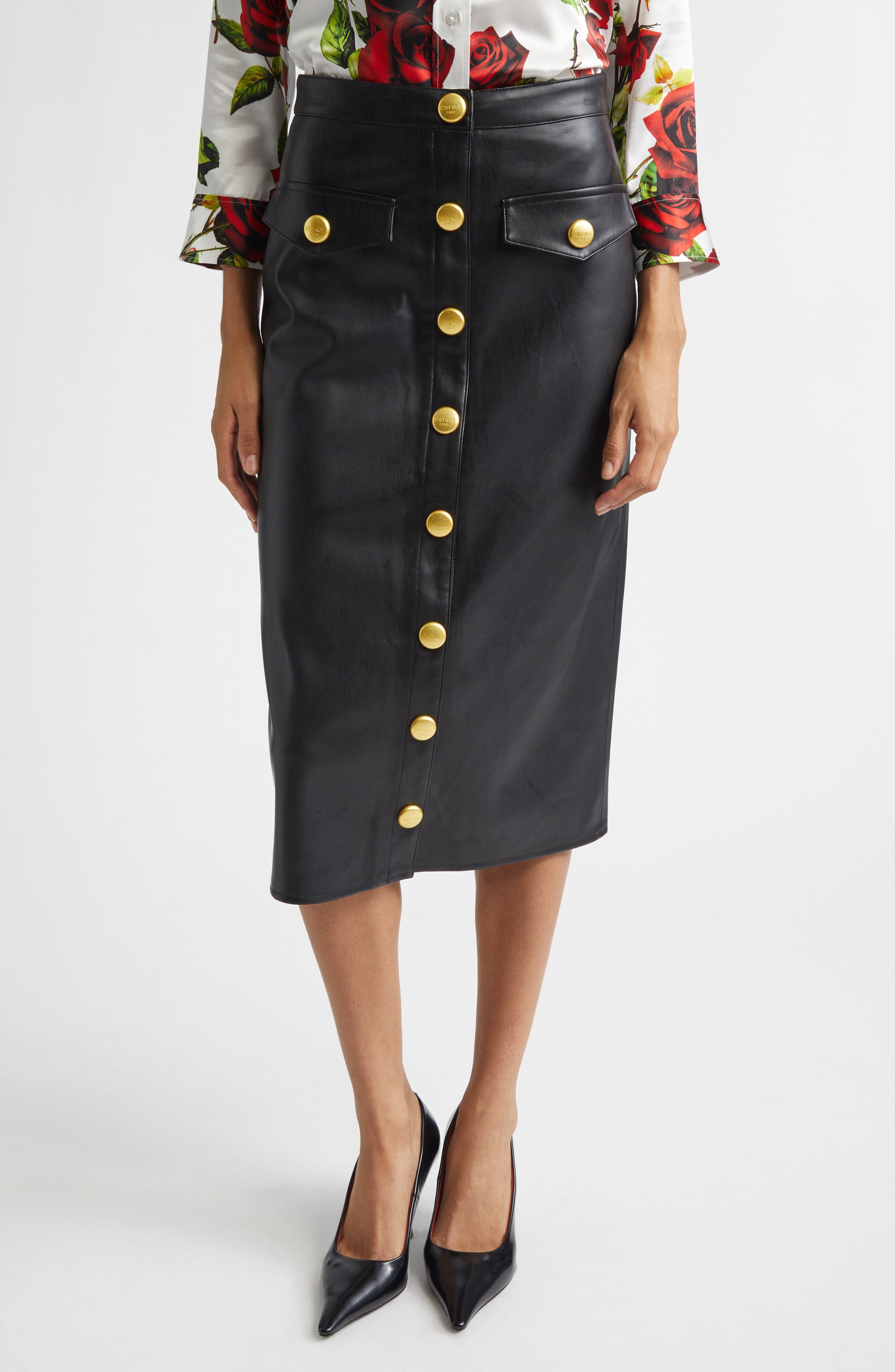 L'agence Milann Faux Leather Midi Skirt In Black