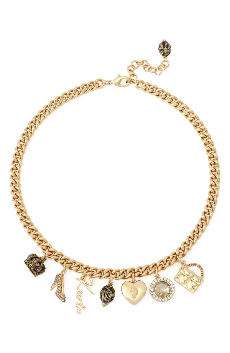 Kurt Geiger London Mixed Charm Curb Chain Necklace, Main, color, Gold
