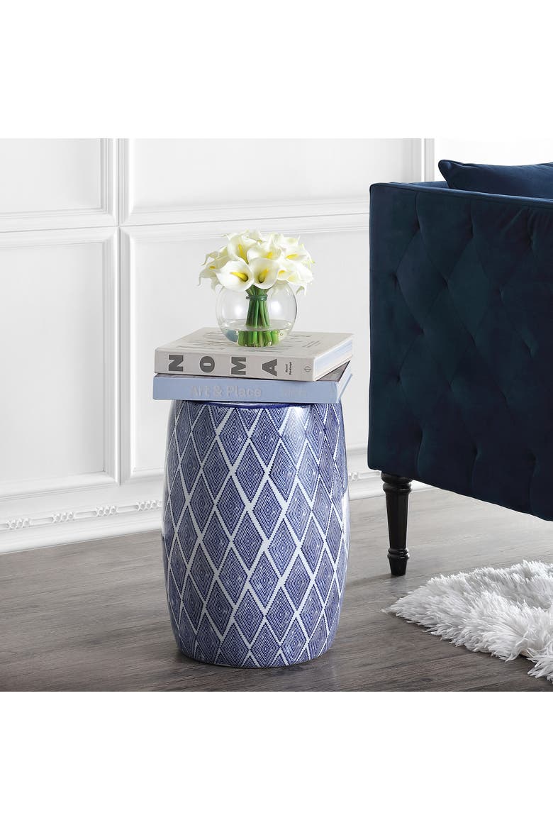 Moroccan Diamonds Bohemian Diamond Geometric Ceramic Indoor/Outdoor Garden Stool Decorative Patio Drum Accent Side Table, Alternate, color, Blue/White