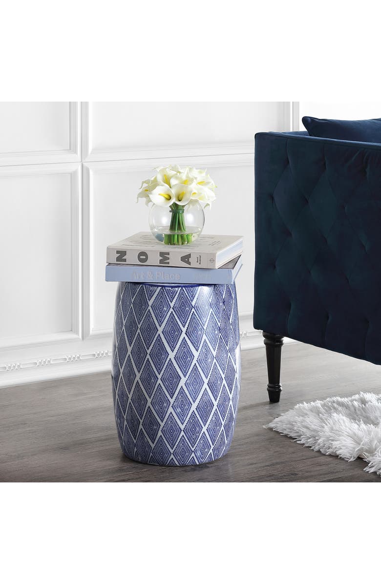 JONATHAN Y Moroccan Diamonds 18" Ceramic Drum Garden Stool, Alternate, color, Blue/White