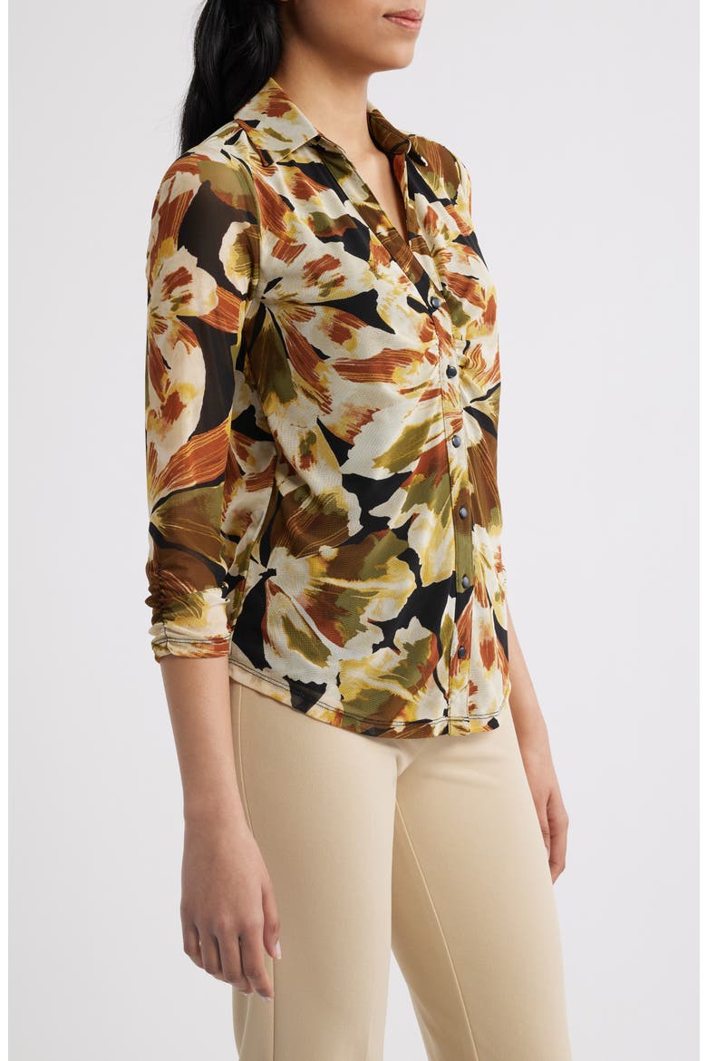 Tropical Print Ruched Mesh Button-Up Shirt, Alternate, color, ANNE BLACK MULTI