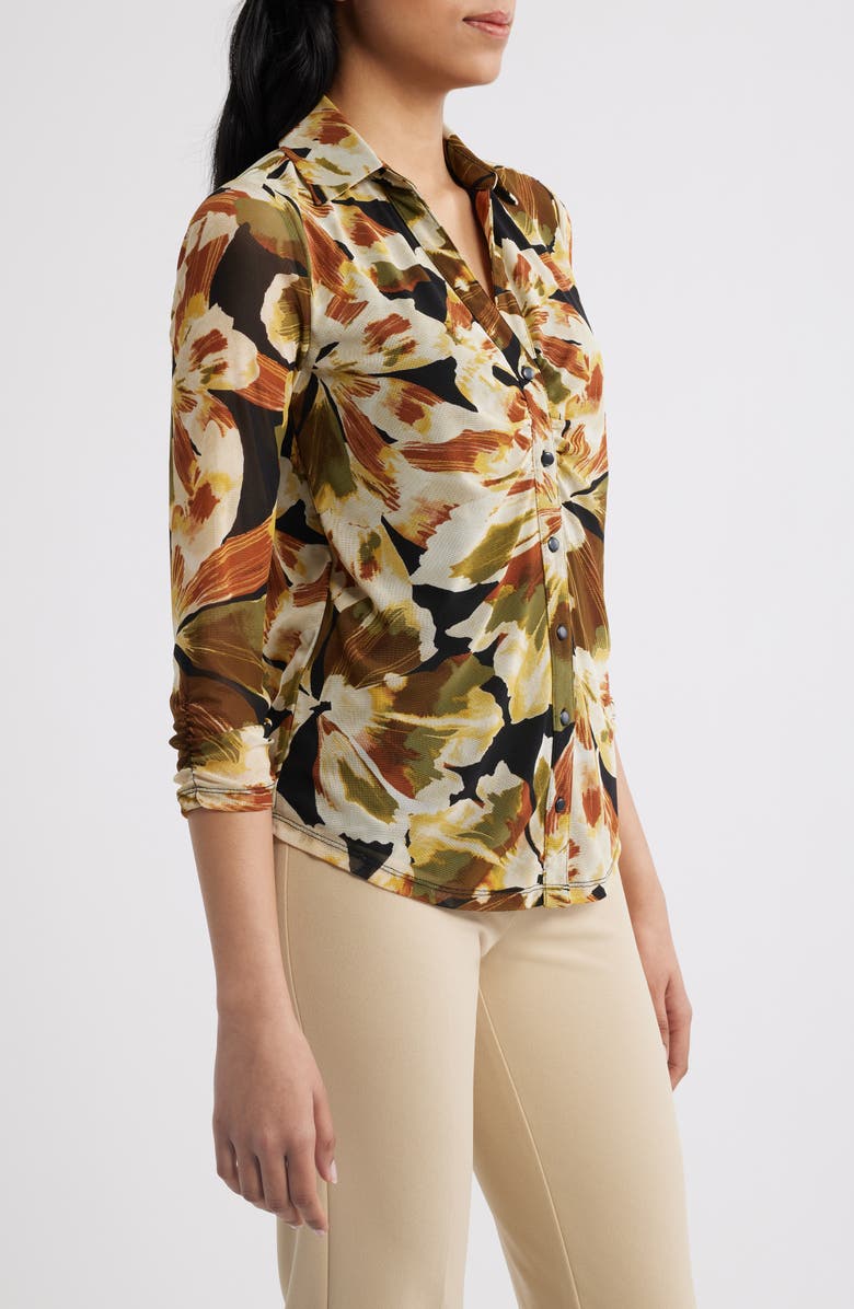Anne Klein Shirred Button-Up Top, Alternate, color, Anne Black Multi