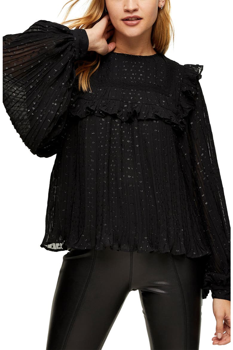 Metallic Dot Pleated Yoke Blouse, Main, color, BLACK