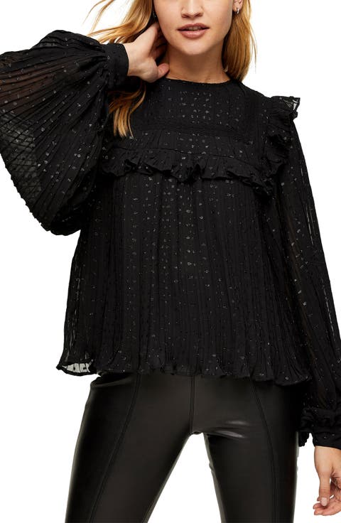 Metallic Dot Pleated Yoke Blouse