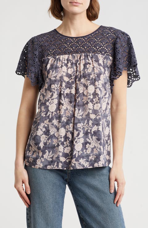 Knit Lace Printed Short Sleeve Top
