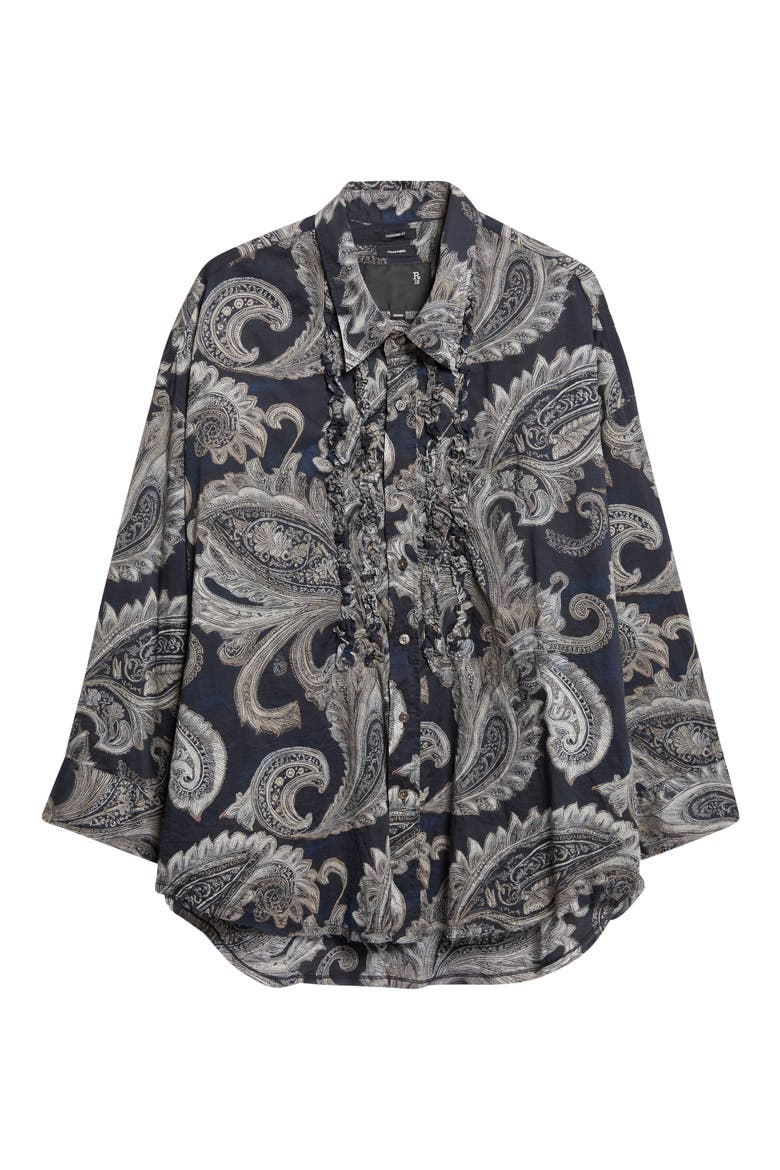 Shredded Seam Ruffle Paisley Print Button-Up Shirt, Alternate, color, BLACK PAISLEY MULTI PRINT