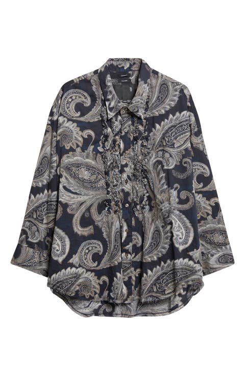Shredded Seam Ruffle Paisley Print Button-Up Shirt