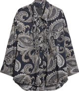 R13 Shredded Seam Ruffle Paisley Print Button-Up Shirt