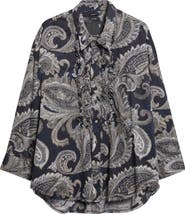R13 Shredded Seam Ruffle Paisley Print Button-Up Shirt