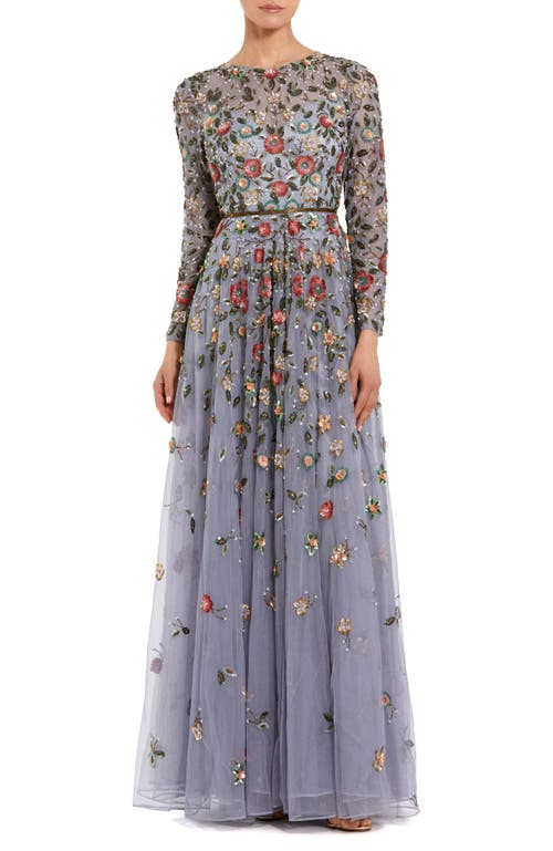 Mac Duggal Floral Appliqué Long Sleeve Illusion Gown In Grey Multi