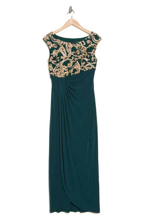 Connected Apparel Soutache Bodice Mock Wrap Dress In Hunter/gold